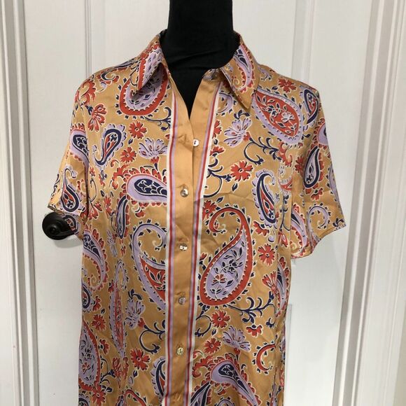 DR2 Womens Shirt S Yellow Paisley Satin Collared Short Sleeve Button Up NWT - Picture 3 of 6